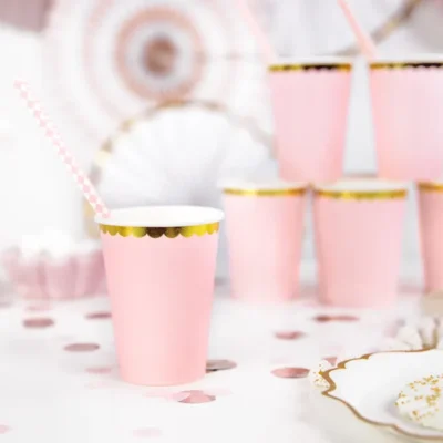 Light pink paper cups with gold trim, 220ml, 6pcs