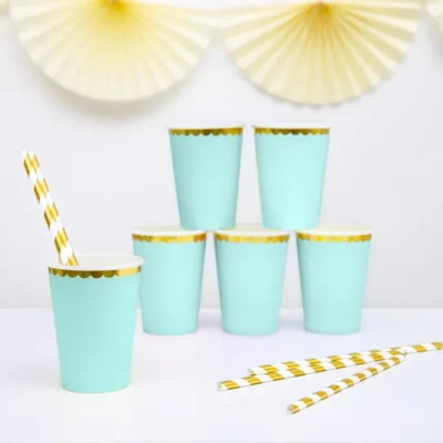 Mint paper cups with gold trim, 220ml, 6pcs