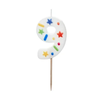 Birthday Candle Number 9, white confetti, 5.5cm