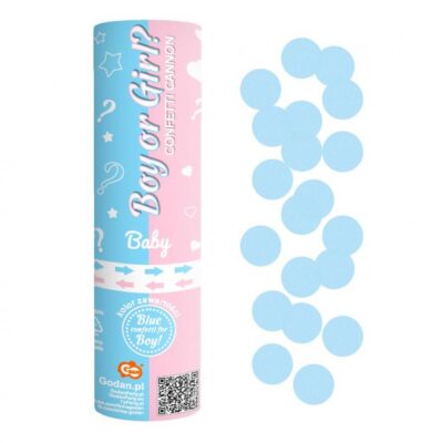 Confetti cannon Boy or Girl light blue paper circles, 15 cm