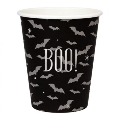 Black paper cups, white ghosts "Boo!", 266 ml, 6 pcs.