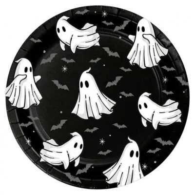 Halloween Themed Black paper plates, white ghosts, 18 cm, 6 pcs.